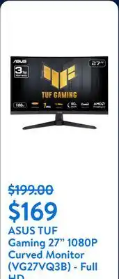 Walmart ASUS TUF Gaming 27 1080P Curved Monitor (VG27VQ3B) - Full HD, 180Hz, HDMI, Display Port offer