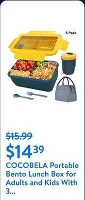 Walmart COCOBELA Portable Bento Lunch Box for Adults and Kids With 3 Compartment,1400ML Leak Proof Bento Lunch Box Kit Lunch Containe offer