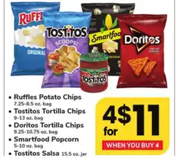 ACME Ruffles Potato Chips 7.25-8.5 oz. bag, Tostitos Tortilla Chips 9-13 oz. bag, Doritos Tortilla Chips 9.25-10.75 oz. bag, Smart offer