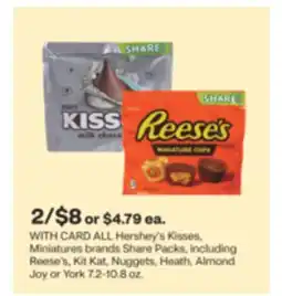 CVS ALL Hershey's Kisses, Miniatures brands Share Packs, including Reese's, Kit Kat, Nuggets, Heath, Almond Joy or York 7.2-10.8 offer