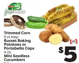 Weis Markets Trimmed Corn 5 ct tray Russet Baking Potatoes or Portabella Caps 4 ct Mini Seedless Cucumbers offer