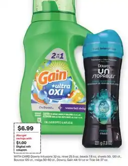 CVS Downy Infusions 32 oz, rinse 25.5 oz, beads 7.8 oz, sheets 50, 120 ct., Bounce 120 ct., mega 50-60 ct., Downy, Gain 44-51 oz offer