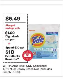 CVS Tide PODS, Gain flings! 12-16 ct. or Downy Beads 5 oz offer