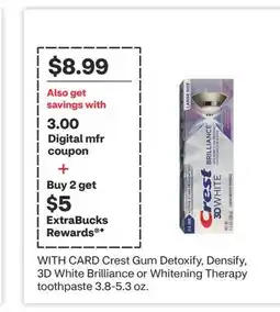 CVS Crest Gum Detoxify, Densify, 3D White Brilliance or Whitening Therapy toothpaste 3.8-5.3 oz offer