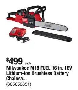 The Home Depot Milwaukee M18 FUEL 16 in. 18V Lithium-Ion Brushless Battery Chainsaw Kit with 12.0 Ah Battery and M18 Rapid Charger offer