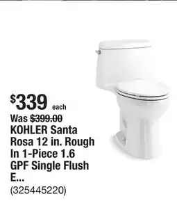 The Home Depot KOHLER Santa Rosa 12 in. Rough In 1-Piece 1.6 GPF Single Flush Elongated Toilet in White Seat Included offer