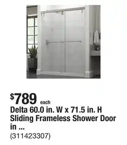 The Home Depot Delta 60.0 in. W x 71.5 in. H Sliding Frameless Shower Door in Nickel with Clear Glass offer