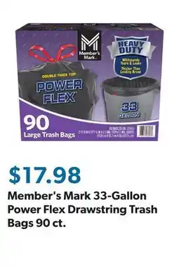 Sam's Club Member's Mark 33-Gallon Power Flex Drawstring Trash Bags 90 ct offer
