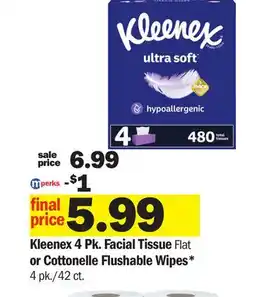 Meijer Kleenex 4 Pk. Facial Tissue Flat or Cottonelle Flushable Wipes 4 pk./42 ct offer