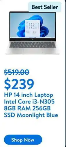 Walmart HP 14 inch Laptop Intel Core i3-N305 8GB RAM 256GB SSD Moonlight Blue offer