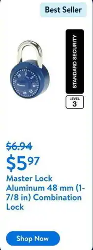 Walmart Master Lock Aluminum 48 mm (1- 7/8 in) Combination Lock offer