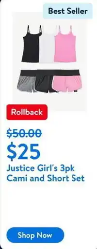 Walmart Justice Girl's 3pk Cami and Short Set offer