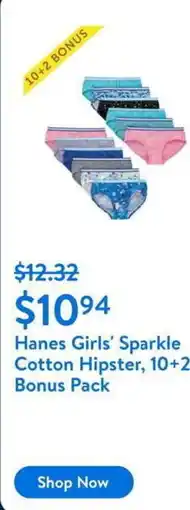 Walmart Hanes Girls' Sparkle Cotton Hipster, 10+2 Bonus Pack offer