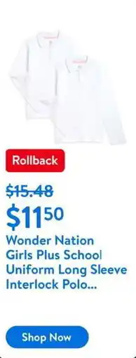 Walmart Wonder Nation Girls Plus School Uniform Long Sleeve Interlock Polo offer