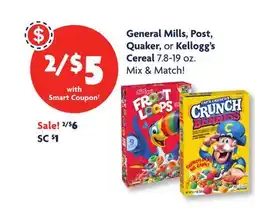 Family Dollar General Mills, Post, Quaker, or Kellogg's Cereal offer