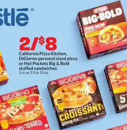Hy-Vee California Pizza Kitchen, DiGiorno personal sized pizza or Hot Pockets Big & Bold stuffed sandwiches offer