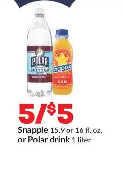 Hy-Vee Snapple 15.9 or 16 fl. oz. or Polar drink 1 liter offer