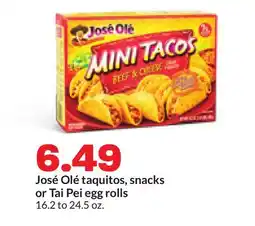 Hy-Vee José Olé taquitos, snacks or Tai Pei egg rolls offer