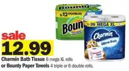 Meijer Charmin Bath Tissue 6 mega XL rolls or Bounty Paper Towels 4 triple or 6 double rolls. offer