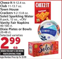 Vons Cheez-It 9-12.4 oz. Club 11-13.7 oz. Town House Crackers 9.2-13.8 oz. Soleil Sparkling Water 8 pack, 12 oz., Vanity Fair Napk offer