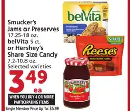 Vons Smucker's Jams or Preserves 17.25-18 oz. belVita 5 ct. or Hershey's Share Size Candy 7.2-10.8 oz offer