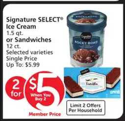 Vons Signature SELECT Ice Cream 1.5 qt. or Sandwiches 12 ct offer