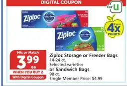 Albertsons Ziploc Storage or Freezer Bags 14-24 ct. Selected varieties or Sandwich Bags 90 ct offer