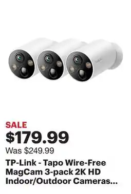 Best Buy TP-Link - Tapo Wire-Free MagCam 3-pack 2K HD Indoor/Outdoor Cameras with Up to 300 days of power and Magnetic Base - White offer