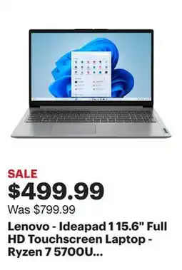 Best Buy Lenovo - Ideapad 1 15.6 Full HD Touchscreen Laptop - Ryzen 7 5700U with 16GB Memory - AMD Radeon Graphics - 512GB SSD - Cloud offer