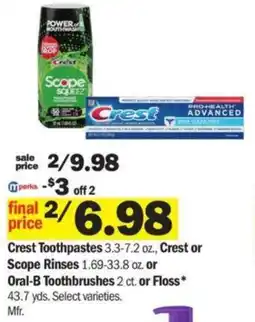 Meijer Crest Toothpastes 3.3-7.2 oz., Crest or Scope Rinses 1.69-33.8 oz offer