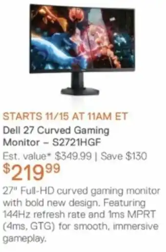 Dell Dell 27 Curved Gaming Monitor - S2721HGF offer