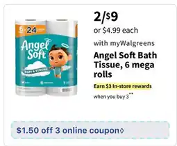 Walgreens Angel Soft Bath Tissue, 6 mega rolls offer