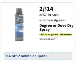 Walgreens Degree or Dove Dry Spray offer