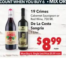 Vallarta Supermarkets 19 Crimes Cabernet Sauvignon or Red Wine 750 offer