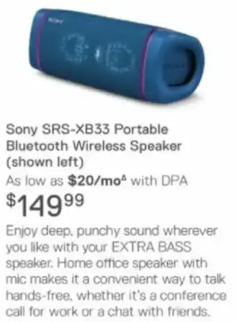 Dell Sony SRS-XB33 Portable Bluetooth Wireless Speaker offer