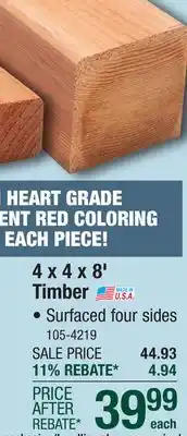 Menards 4 x 4 x 8' Redwood ConHeart Timber offer