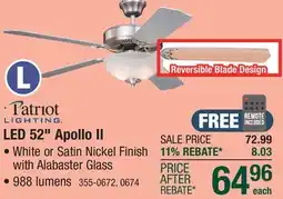 Menards Patriot Lighting Apollo II 52 White Indoor LED Ceiling Fan offer