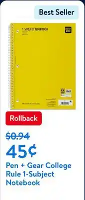 Walmart Pen + Gear College Rule 1-Subject Notebook offer