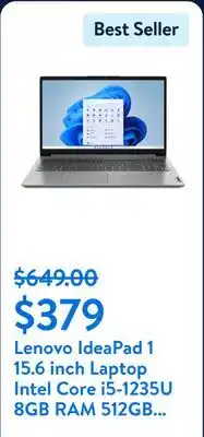 Walmart Lenovo IdeaPad 1 15.6 inch Laptop Intel Core i5-1235U 8GB RAM 512GB SSD Cloud Grey offer