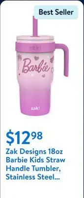 Walmart Zak Designs 18oz Barbie Kids Straw Handle Tumbler, Stainless Steel Vacuum Insulated Cruiser Tumbler with Silicone Straw Utili offer