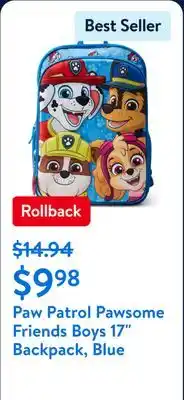 Walmart Paw Patrol Pawsome Friends Boys 17 Backpack, Blue offer