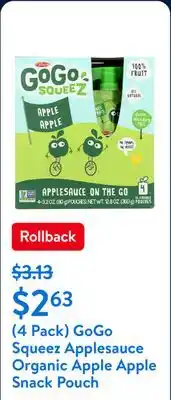 Walmart (4 Pack) GoGo Squeez Applesauce Organic Apple Apple Snack Pouch offer