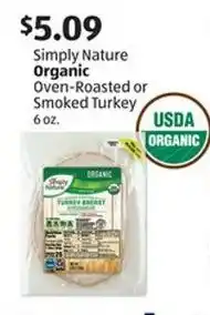 Aldi Simply Nature Organic Oven-Roasted or Smoked Turkey offer