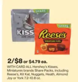 CVS ALL Hershey's Kisses, Miniatures brands Share Packs, including Reese's, Kit Kat, Nuggets, Heath, Almond Joy or York 7.2-10.8 offer