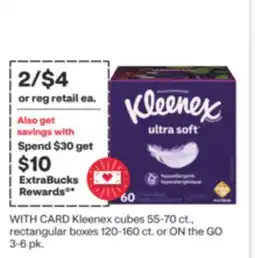 CVS Kleenex cubes 55-70 ct., rectangular boxes 120-160 ct. or ON the GO 3-6 pk offer