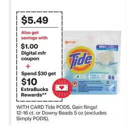 CVS Tide PODS, Gain flings! 12-16 ct. or Downy Beads 5 oz offer