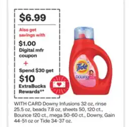 CVS Downy Infusions 32 oz, rinse 25.5 oz, beads 7.8 oz, sheets 50, 120 ct., Bounce 120 ct., mega 50-60 ct., Downy, Gain 44-51 oz offer