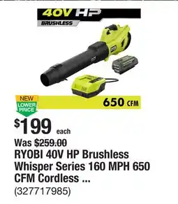 The Home Depot RYOBI 40V HP Brushless Whisper Series 160 MPH 650 CFM Cordless Battery Leaf Blower with 4.0 Ah Battery and Charger offer