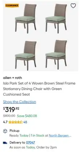Lowe's allen + roth Isla Park Set of 4 Woven Brown Steel Frame Stationary Dining Chair with Green Cushioned Seat offer