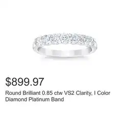 Costco Round Brilliant 0.85 ctw VS2 Clarity, I Color Diamond Platinum Band offer